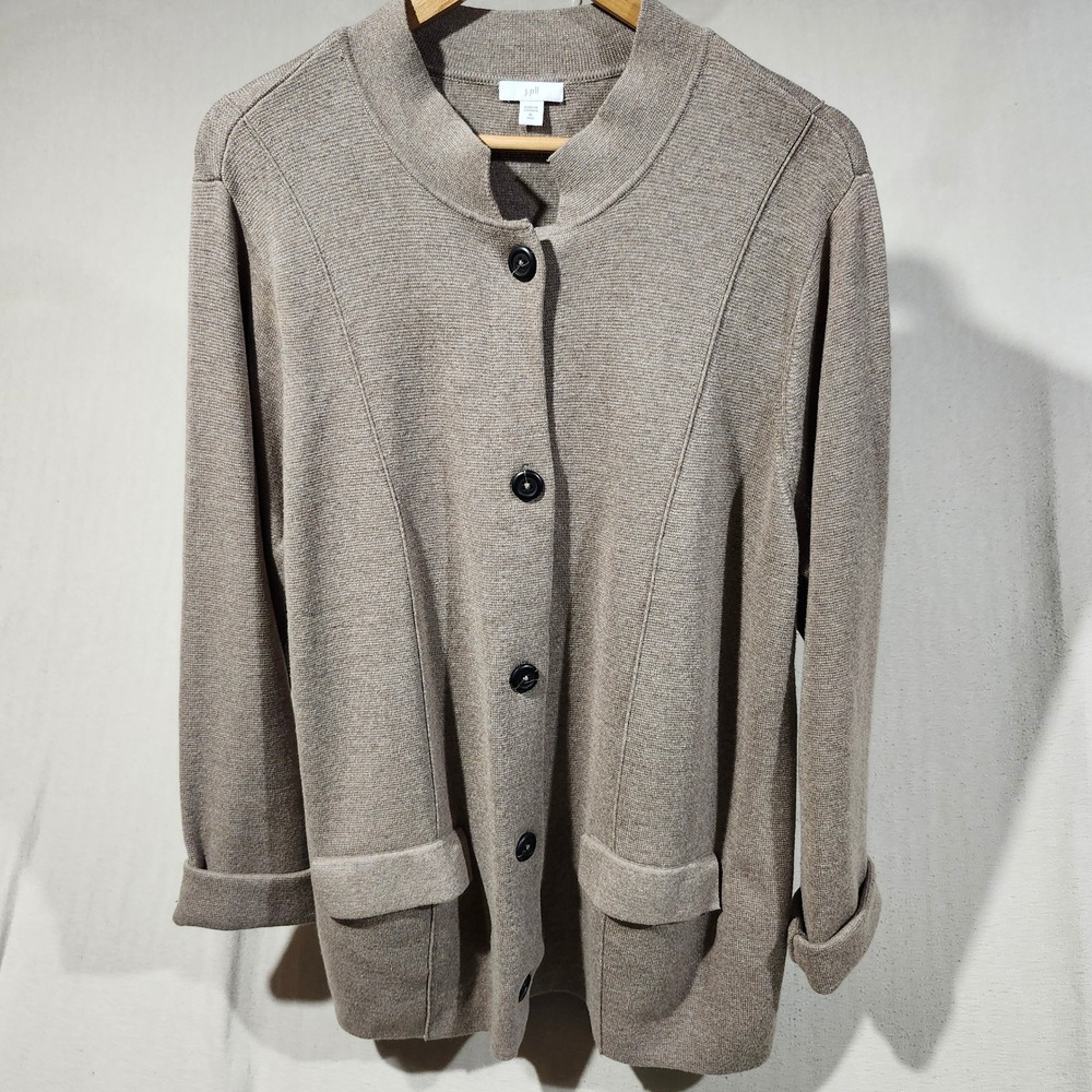 J. Jill Womens Taupe Cotton Blend Button Front Mock Neck Knit Cardigan XL Tall